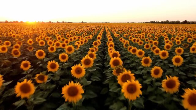 Drone slowly panning over a vast field of sunflowers facing the setting sun in warm evening light travel, setting sun, vast field of sunflowers