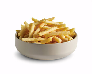 Golden, crispy French fries in a bowl, perfect for fast food restaurants, cafe menus, or food blogs, a delicious side dish.