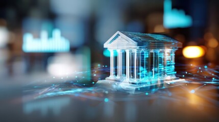 Futuristic virtual bank building. Digital architecture of the modern financial system