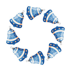 Blue bell Christmas ornament tree toy arranged in a circular wreath pattern on a white background in cartoon style.