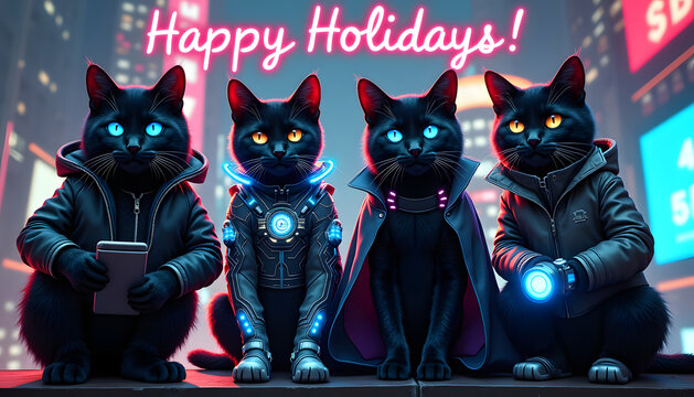 Happy Holidays from a group of stylish black cats in a futuristic cityscape
