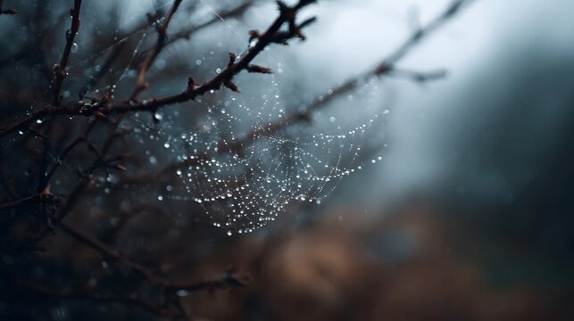 Close up of a delicate spider web adorned with glistening water droplets on bare branches in a moody misty atmosphere