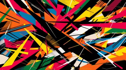 The image showcases a vibrant and abstract geometric pattern filled with sharp, angular shapes