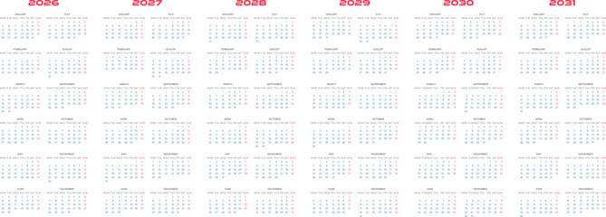 2026 to 2031 Yearly Calendar Set  Minimalist Vector Design for Wall and Planner
