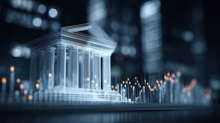 Futuristic virtual bank building. Digital architecture of the modern financial system