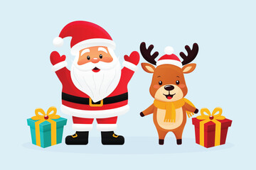 Happy Christmas Duo Santa Reindeer Gifts Light Blue Background