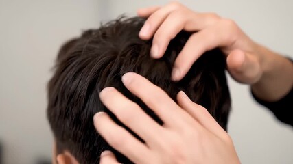 Close up of hands styling dark hair with product in a salon setting with soft natural lighting highlighting texture and volume