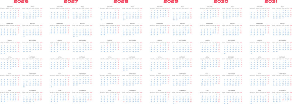 2026 to 2031 Yearly Calendar Set  Minimalist Vector Design for Wall and Planner