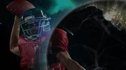 Football player appearing in starfield and initiating globe spin while showing sports tech network - Powered by Adobe