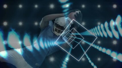 Football player carrying ball entering tunnel, diving through neon frames boosting sports visuals - Powered by Adobe