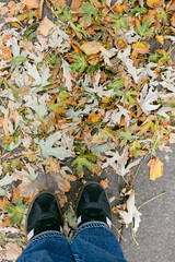 Colorful autumn leaves scatter on the ground near black sneakers in a peaceful park setting