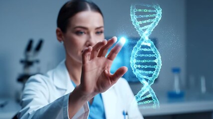 Female Doctor in White Coat Interacting with Digital Dna Helix in Blue Laboratory Background Medical Science and Genetic Engineering Concept High Key Lighting - Powered by Adobe