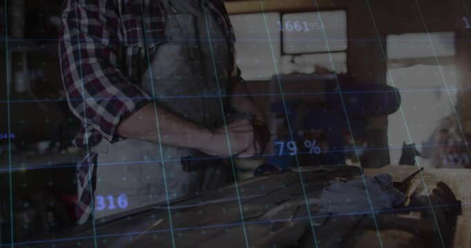Craftsman sanding plank at carpentry shop, revealing digital grid updating smoothing progress
