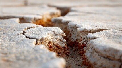 Close-up of cracked, dry earth revealing orange sediment below the salty crust