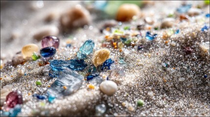 Close-up of colorful sea glass and pebbles scattered on bright white sandy beach texture