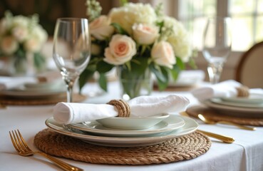 Elegant table setting with white plates gold chargers and fresh flower arrangement. Fine dining scene shows details of dishware and decoration. Formal dinner tableware with focus on centerpiece.