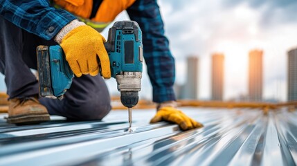 Fototapeta premium Close up of a skilled roofer in safety gear using a drill to attach metal sheets to a modern building s roof