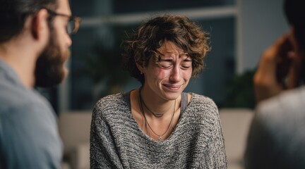 Supportive therapy session involving a group individual and counseling for emotional expression and shared experiences A center therapist and a distressed woman focus on healin