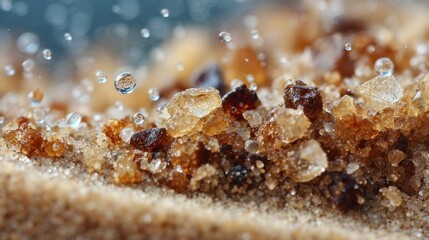 Close-up shot of sugar crystals and small water droplets against a blurred background
