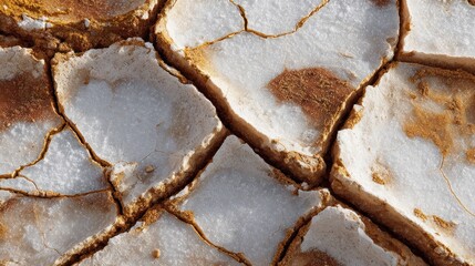 Close-up reveals cracked earth, showcasing earthy tones and patterns of arid land