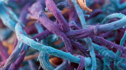 Close-up shows entwined vibrant textured strands in blue, purple, and orange hues