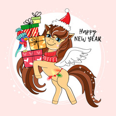 Chinese symbol 2026 cute horse with gift boxes. Christmas and New Years postcard. Vector cartoon illustration zodiac animals
