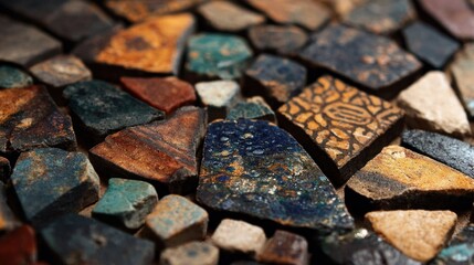 Close-up view of intricate pottery shards