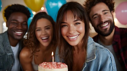 Obraz premium A group of diverse friends joyfully celebrating a birthday together with a cake and balloons