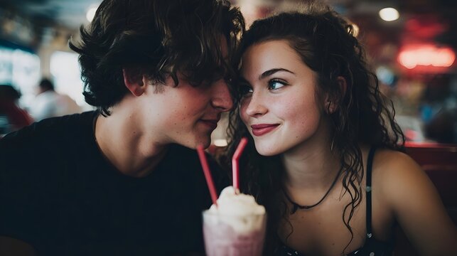 A young couple shares a sweet intimate moment over a milkshake with two straws in a retro diner