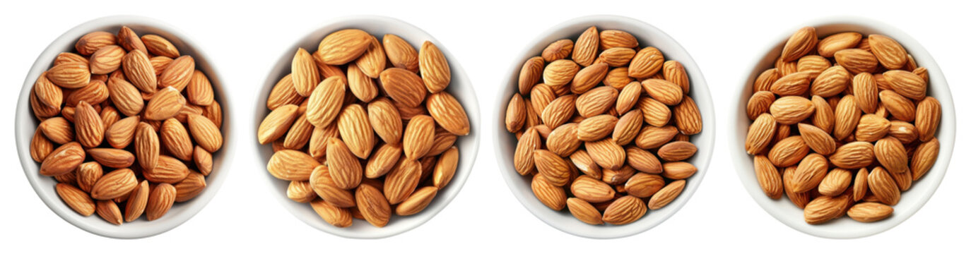 Four bowls filled almonds
