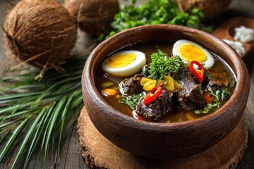 Coconut soup with boiled egg and chili peppers