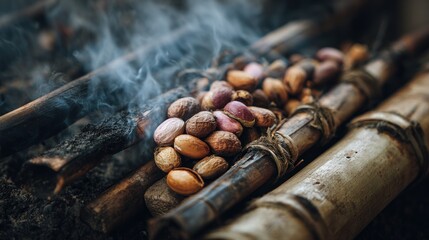 Cocoa beans roasting over fire bamboo