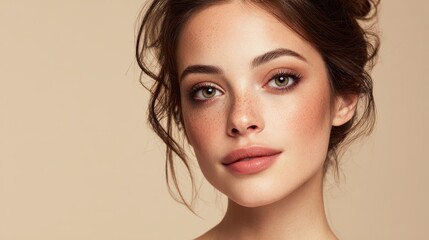 Fototapeta premium Attractive woman beauty shot on tan backdrop Skincare products cosmetics natural allure