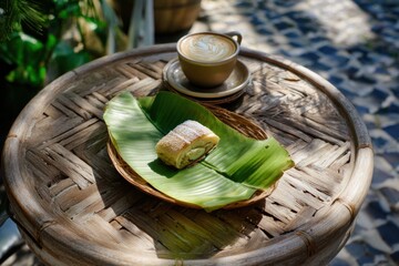 Coffee and pastry on woven table