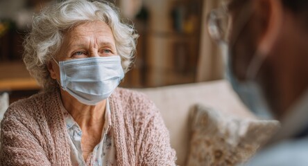 Senior woman conversing with her doctor at home both masked during a virus outbreak