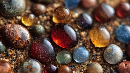 Collection of colorful, shiny, translucent pebbles scattered on sandy ground, close-up view
