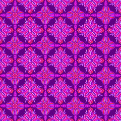Vibrant seamless geometric pattern with 3D effect, featuring stylized Thai motifs in intense purple and fuchsia pink. Bold, repeating design with a symmetrical, star-like structure.