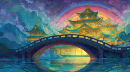 Colorful landscape features a pagoda-style building, rainbow, and a bridge over water
