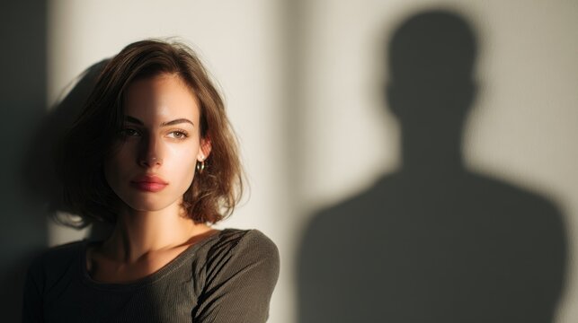A thoughtful young woman envisions her perfect partner symbolized by a shadow on the wall