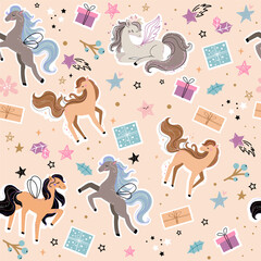 Cute seamless pattern with colorful horses in boho style. Baby shower or poster for nursery or kids room,T-shirt design. Vector illustration zodiac animals