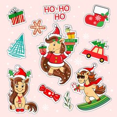 Cute new year horses with present collection on a pink background. Chinese symbol. Vector cartoon illustration zodiac animals