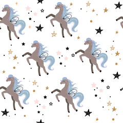 Cute seamless pattern with grey horses and stars in boho style. Pajamas and T-shirt design. Vector illustration zodiac animals