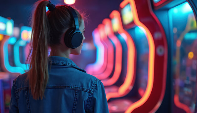 Teenager girl with headphones plays video games in noisy arcade. Young person enjoys neon lights and fun with electronic games in modern entertainment center.