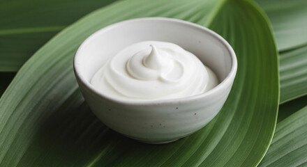Minimalist beauty product photography: whipped body cream in ceramic bowl on single green leaf, focus on texture
