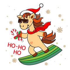 Funny christmas horse on snowboard wearing santa claus hat. Chinese symbol of new year 2026. Vector illustration on a white background