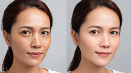 Before and after images of melasma treatment on an Asian woman s face Skin care and health issue