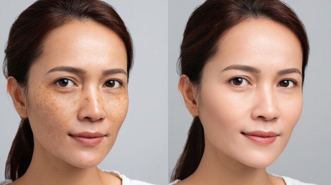 Before and after images of melasma treatment on an Asian woman s face Skin care and health issue
