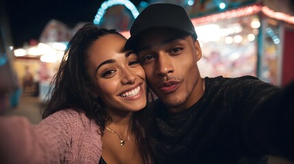 A young diverse couple smiles while taking a selfie at night in a brightly lit carnival