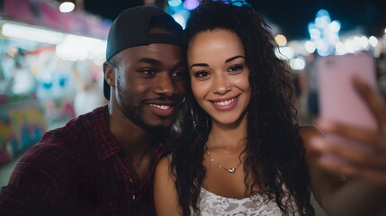 A happy young couple takes a selfie together at night with a blurred carnival background illuminated by colorful lights