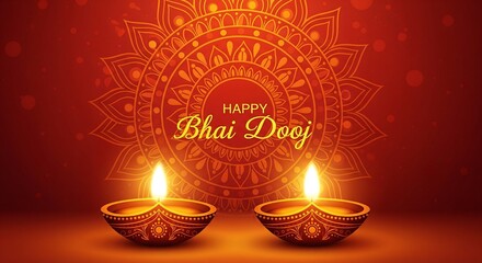 Beautiful Bhai Dooj Greeting Illustration Featuring Glowing Diyas and Intricate Mandala Art Radiant Warm Colors Representing Love Between Siblings Perfect for Festive Posters Cards and Digital Designs